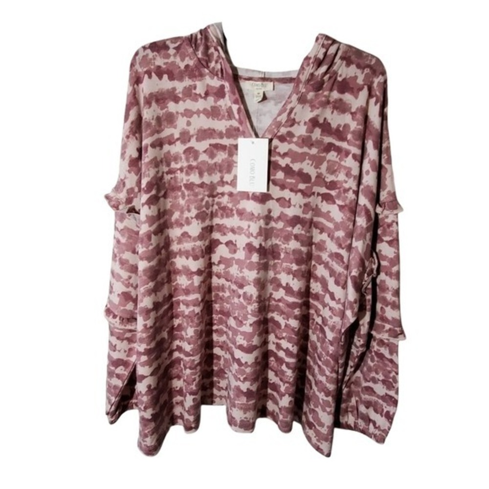 Como Blu Womens 3X Mauve Tie Dye Ruffle Sleeve Hooded‎ Top CS12784FTBCW NEW